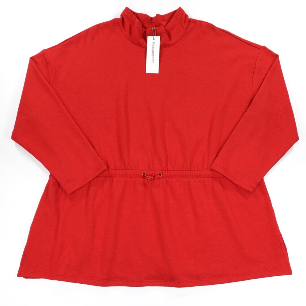 Liz Claiborne Women's Red Soft Fleece Mock Neck Pullover Top Adjustable Waist 1X